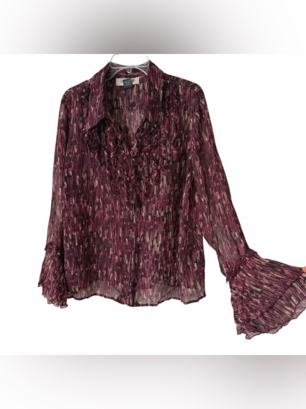 Y2K Harve Benard Woman Ruffle Neckline Flutter Sleeve Chiffon Blouse‎ Boho Fairy